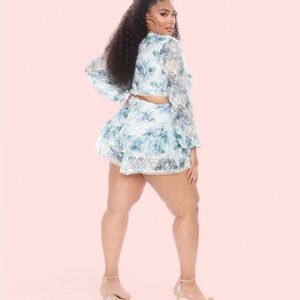 French Riviera Printed Lace Romper - Green/ blu floral one pice lRomper